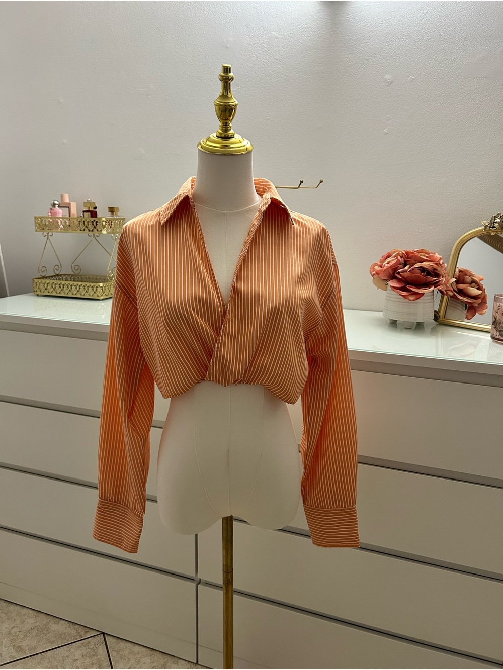 Striped Cropped Button-Front Top in Peach - Women's Crop Shirt